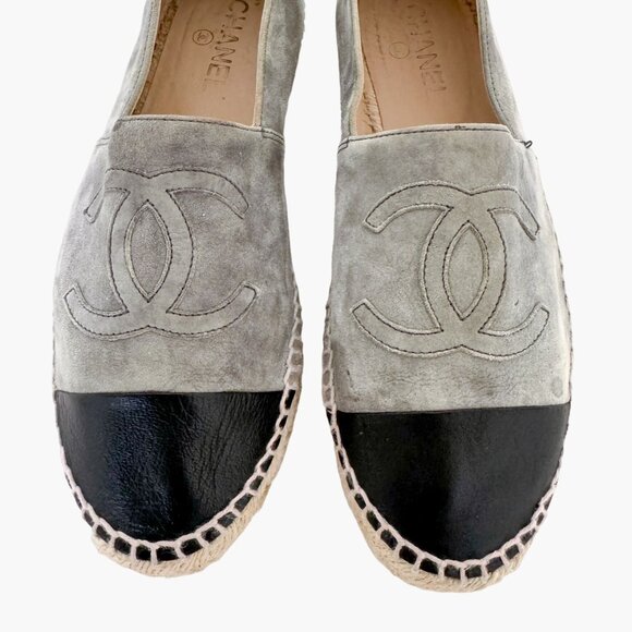Chanel CC Cap Toe Espadrille Flat EU 40 US 9-9.5 Gray Suede Slip On Shoe - Picture 3 of 12